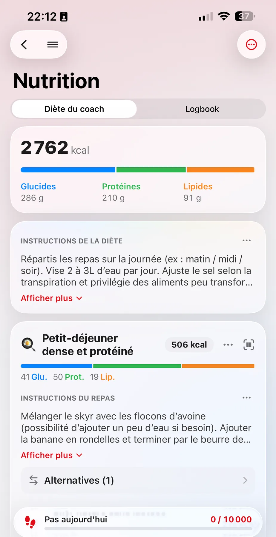 Client app: Nutrition tab