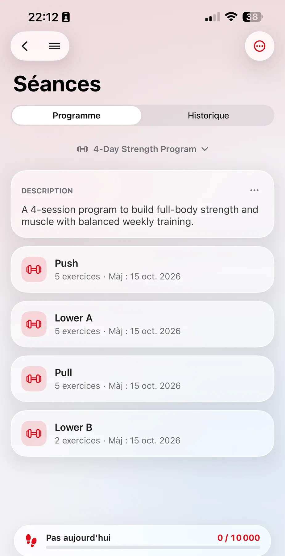 Client app: Workouts tab